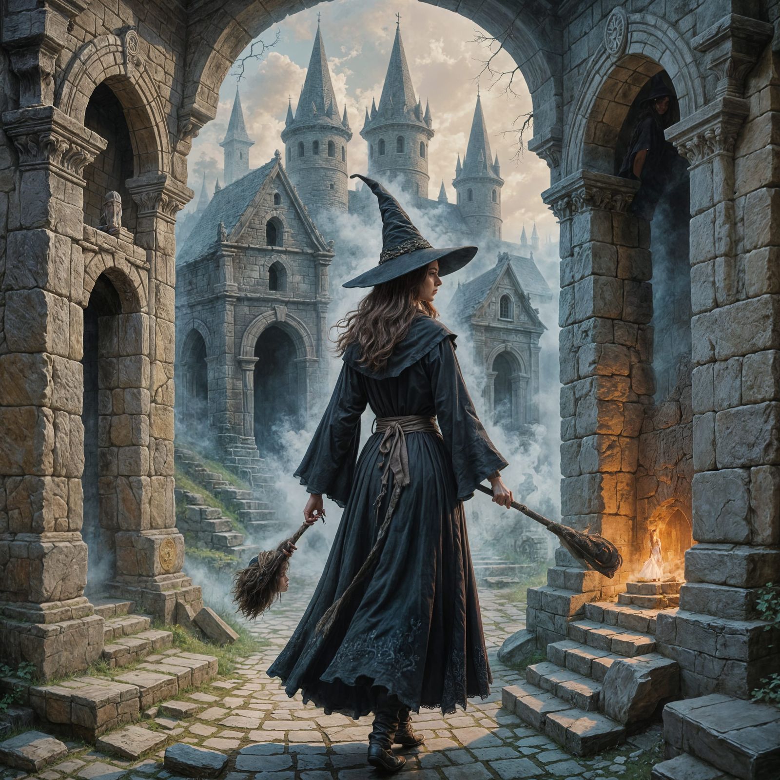 Surreal Witch Enters Ancient Temple Portal