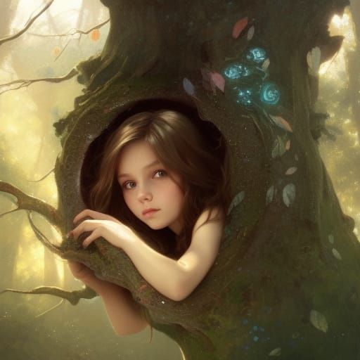 Fairy Girl Portrait Inside Hollow Tree