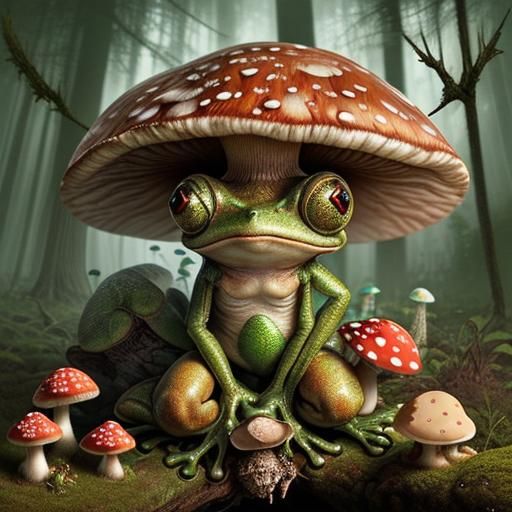 Mycelium Frog in Ancient Forest, Fungi Art
