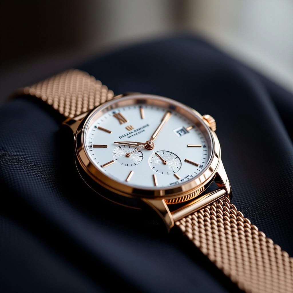 Rose Gold Dress Watch on Charcoal Suit in Hyperrealism