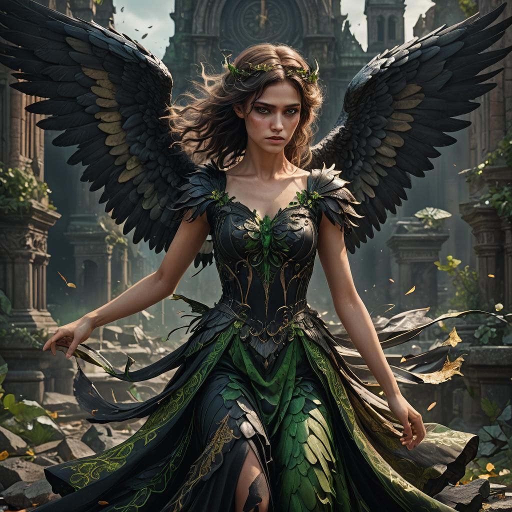 Fallen Angel with Black Wings in Detailed Matte Painting
