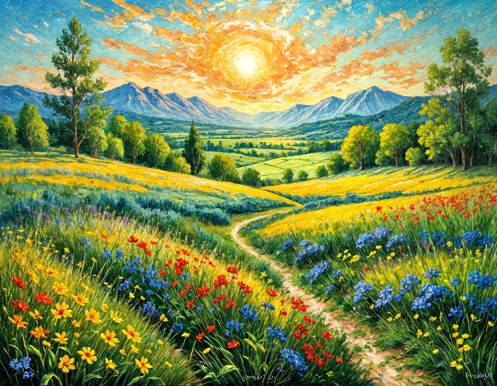 Vibrant Post-Impressionist Landscape of Wildflower Meadow