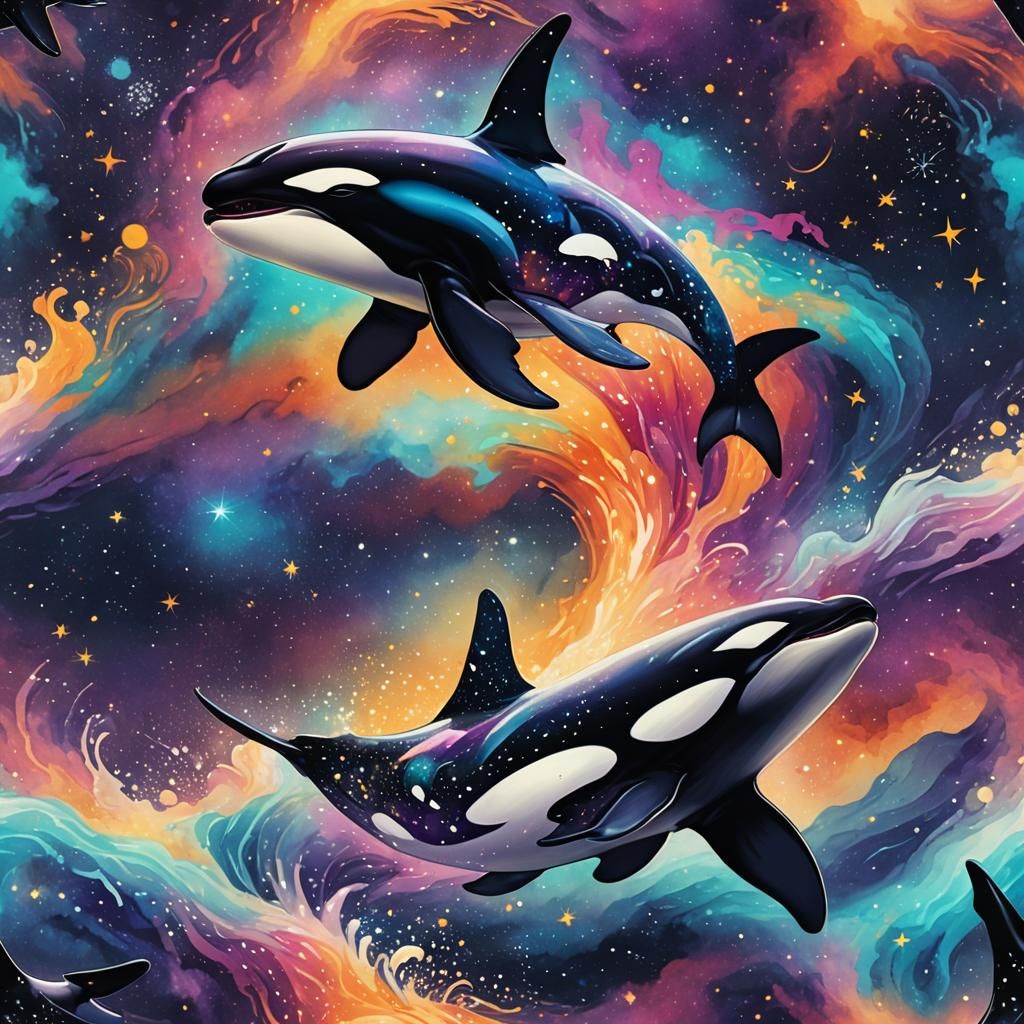 Cosmic Orca Breaching Starry Ocean in Anime Style