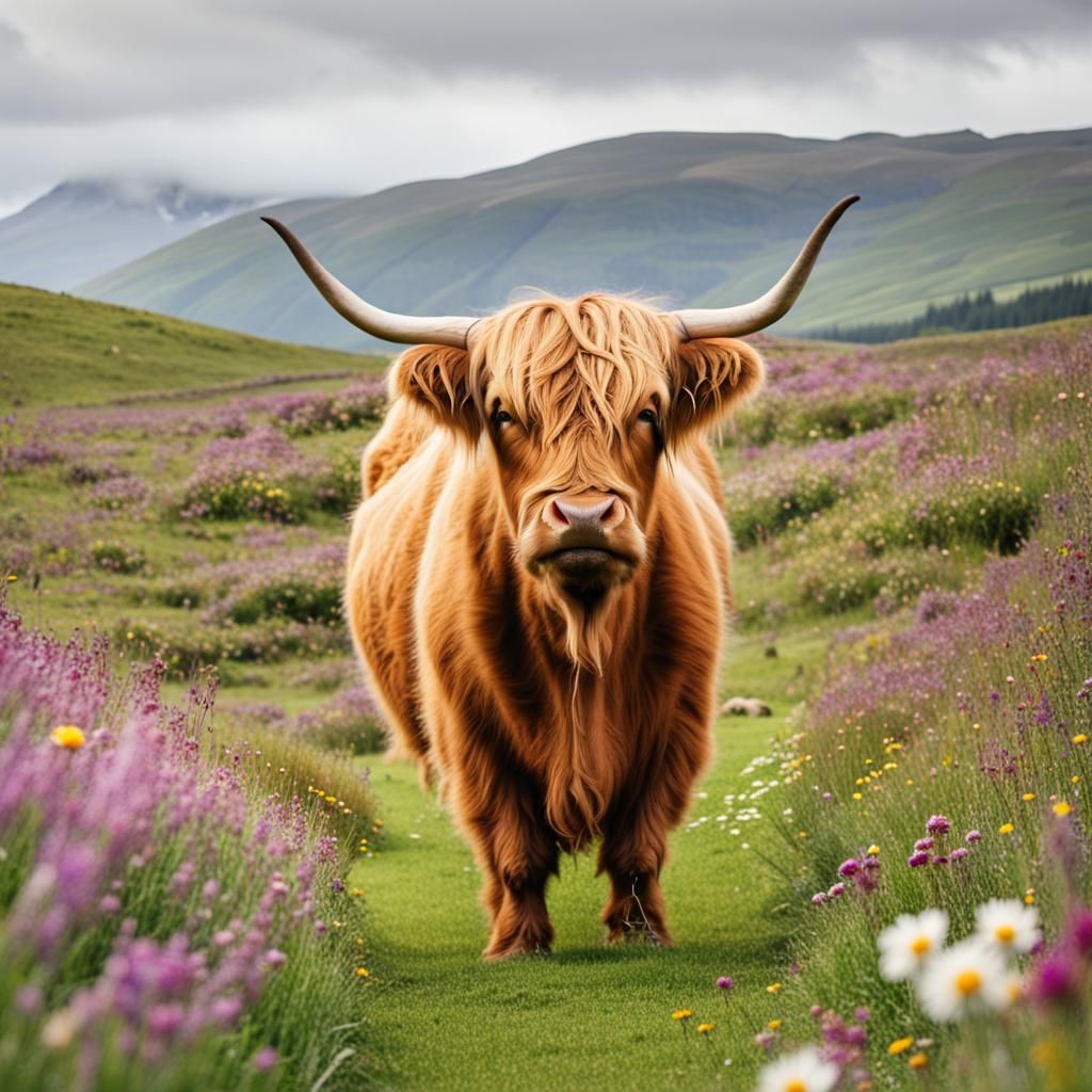 Highland Cow in a Flower Meadow