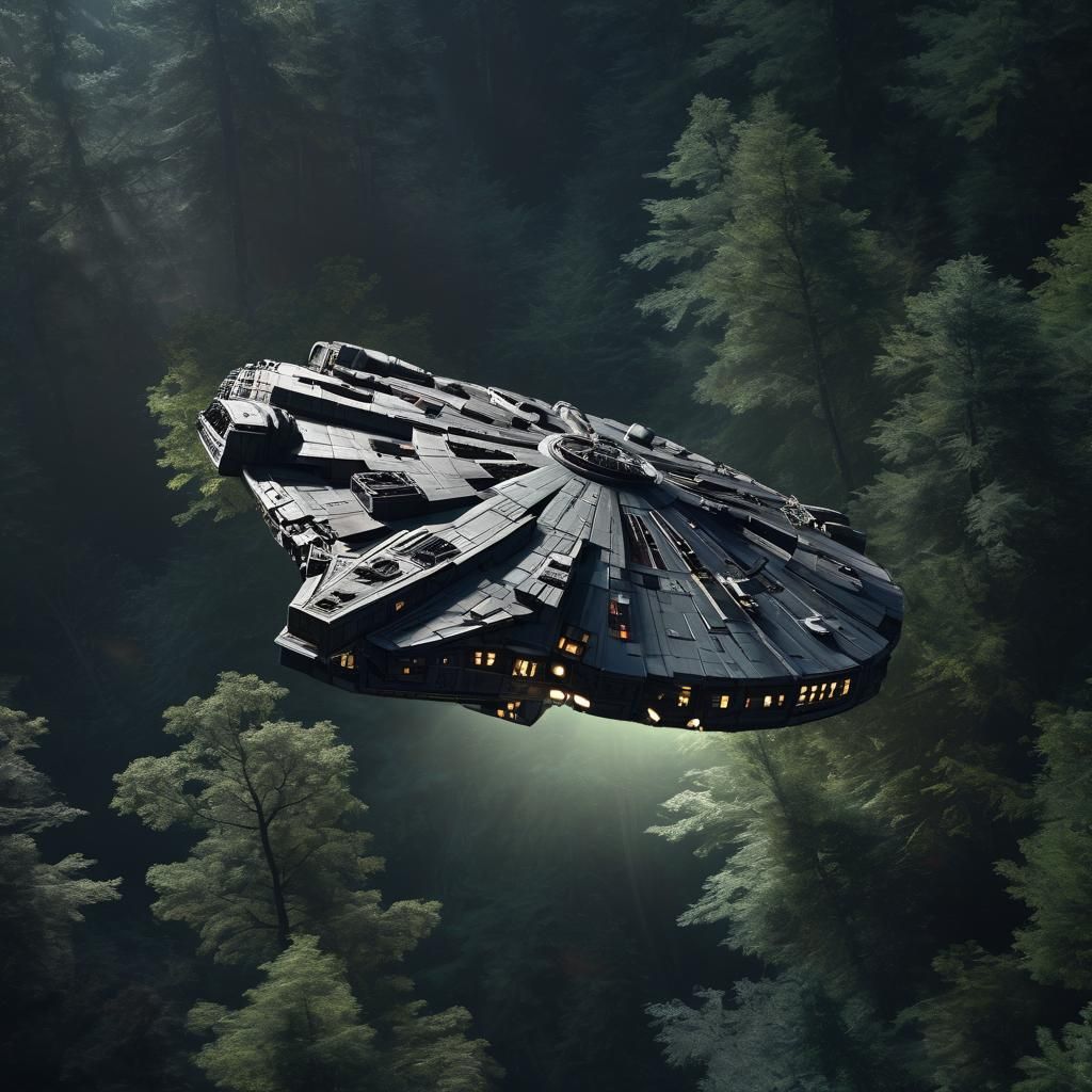 Millennium Falcon Soars Over Forest in Moonlight