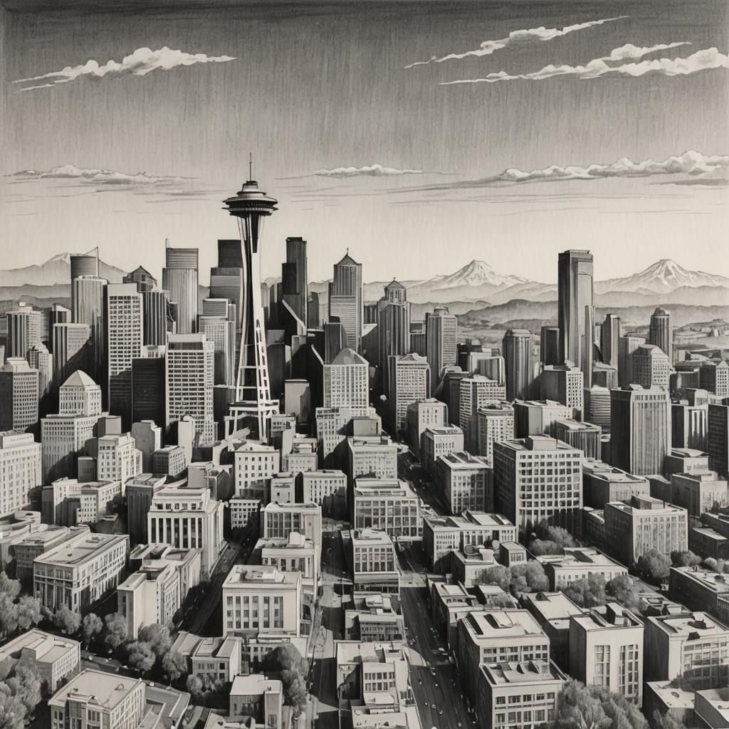 Seattle Skyline Pencil Sketch with Space Needle