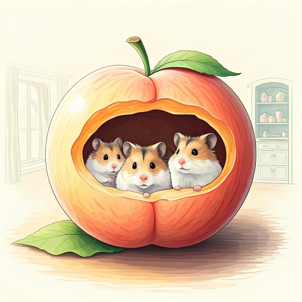Whimsical Hamsters in a Peach Oasis, Watercolor Art