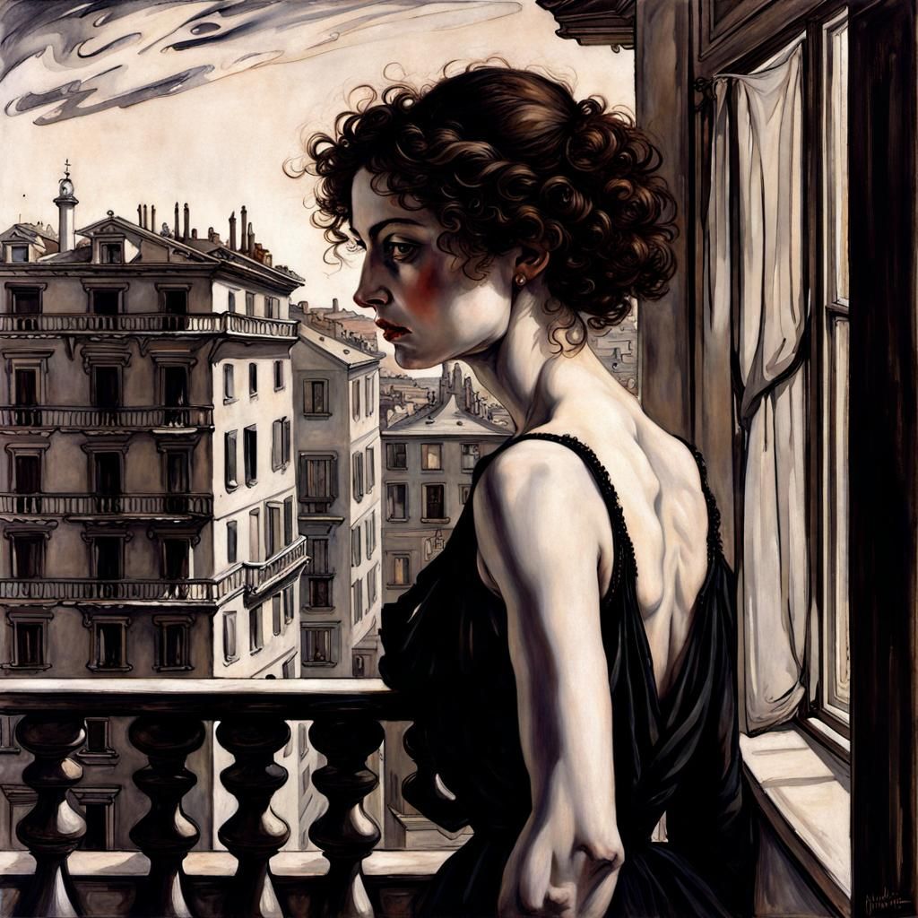 Elegant Woman on Balcony in Classic Artistic Style