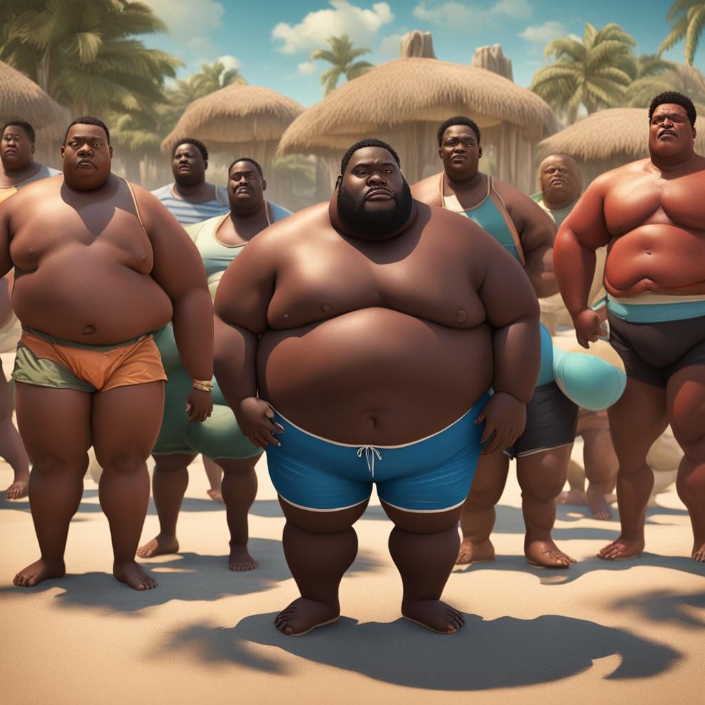 Young Obese Men in Speedos: Detailed 3D Rendering