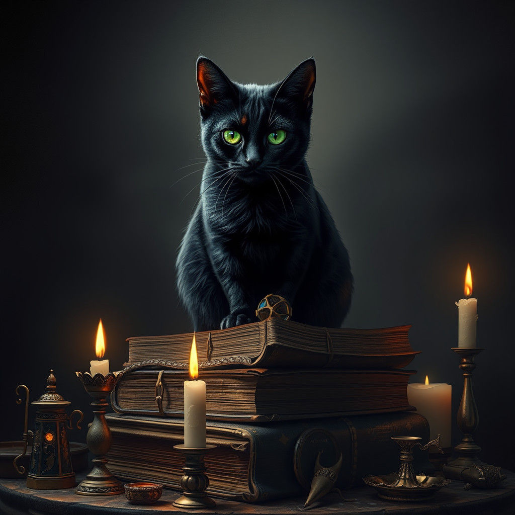 Mystical Dark Cat with Emerald Eyes