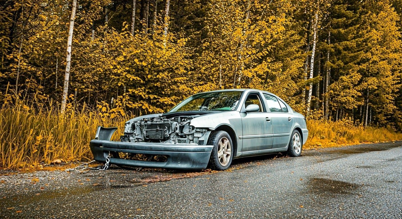 Abandoned Vehicle in Ditch, a Chain-Laden Bumper Lies Beside...