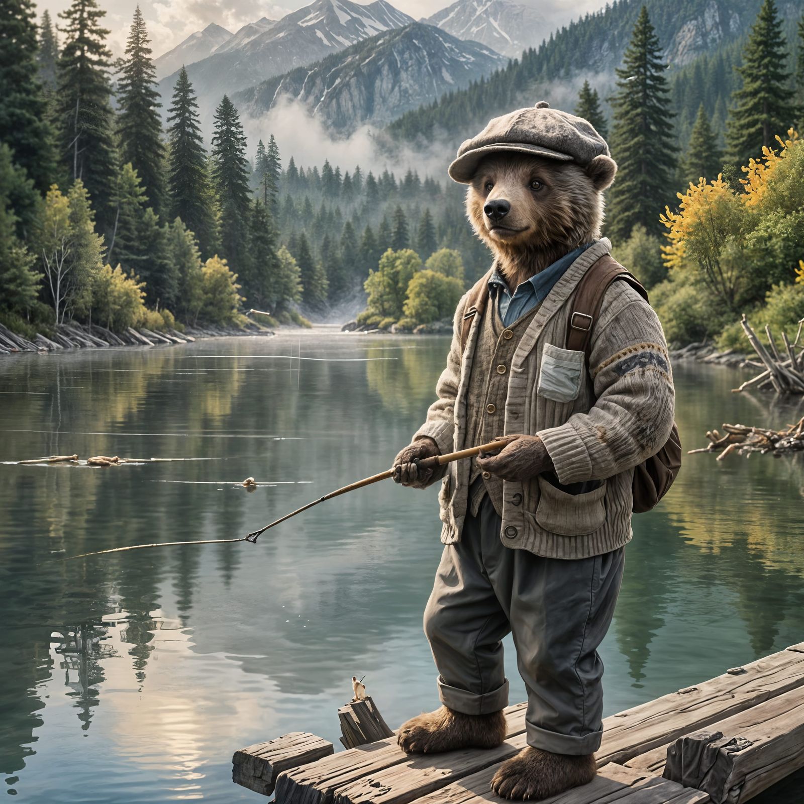 Grandpa Bear Cub Fishing in Misty Mountains