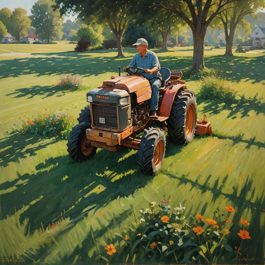 Impressionist Oil Painting of Man Mowing Lawn