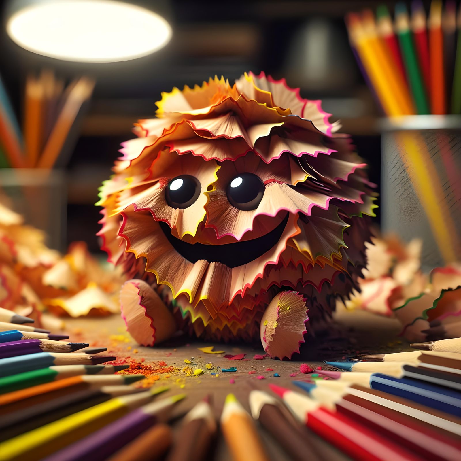 Tiny Pencil Shaving Creature on Artist's Desk