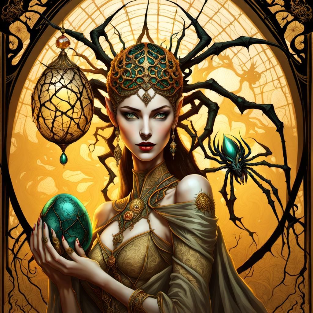 Elven Spider Witch with Dragon Pet, Alcohol Inks