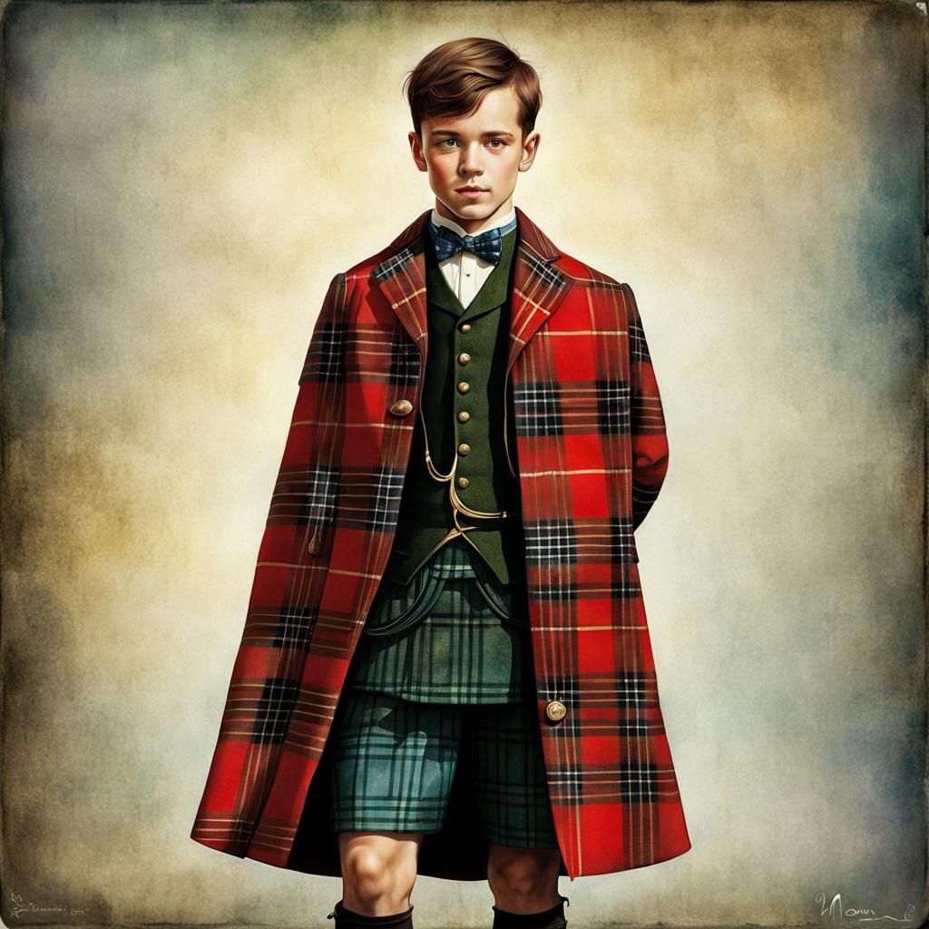 Young Scotsman in Tartan Kilt, Watercolor Portrait