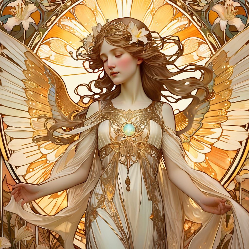 Angelic Figure in Lily Field, Art Nouveau Style