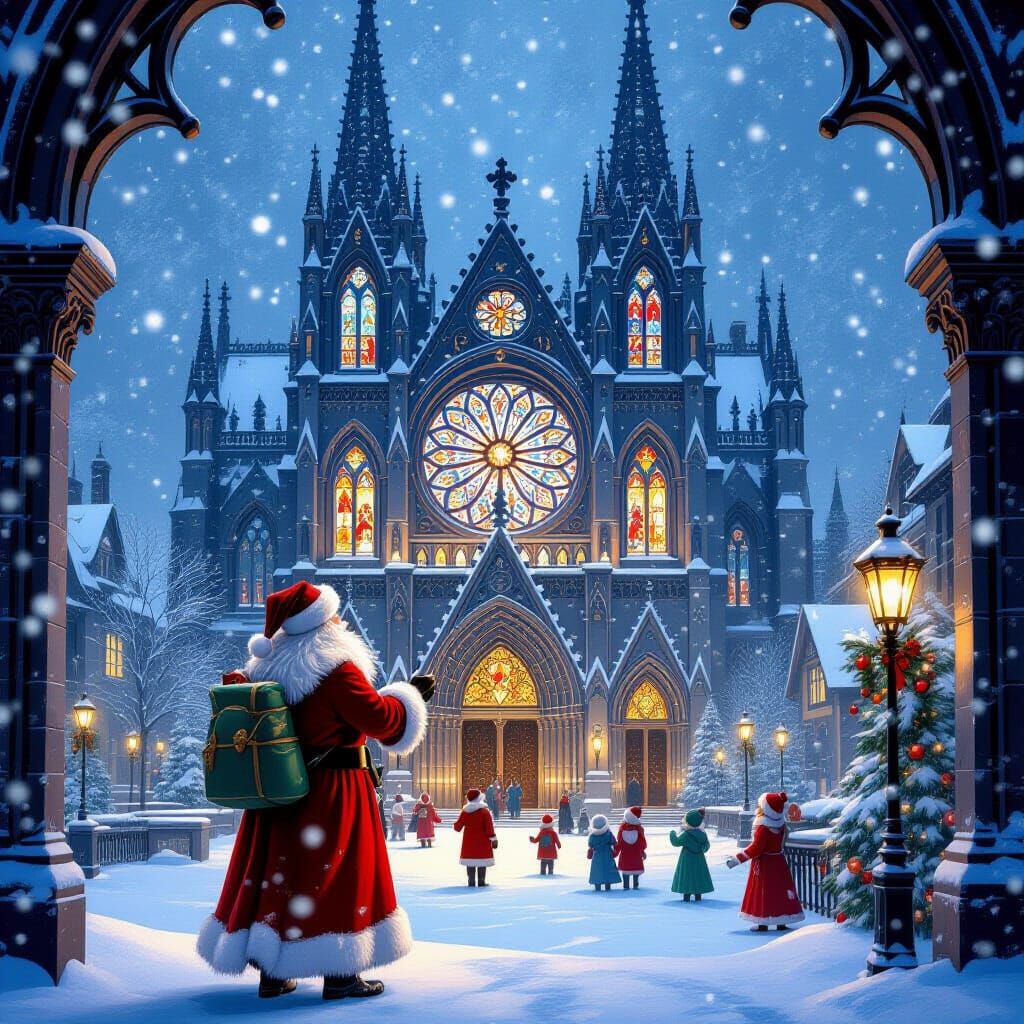 Santa Claus Creates Christmas Snowstorm Outside Gothic Cathe...