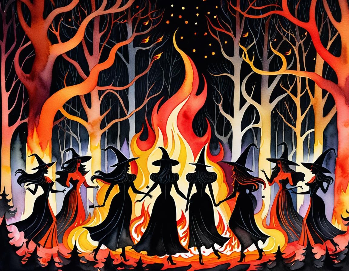 Witches around the Halloween bonfire