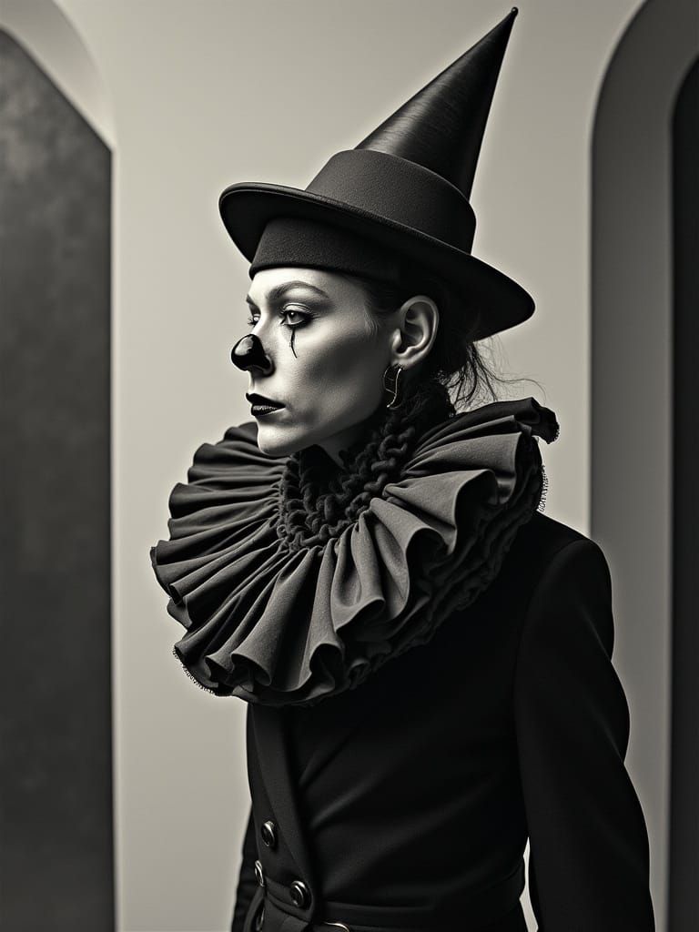 Avant-Garde Clown in Dark, Geometric Attire