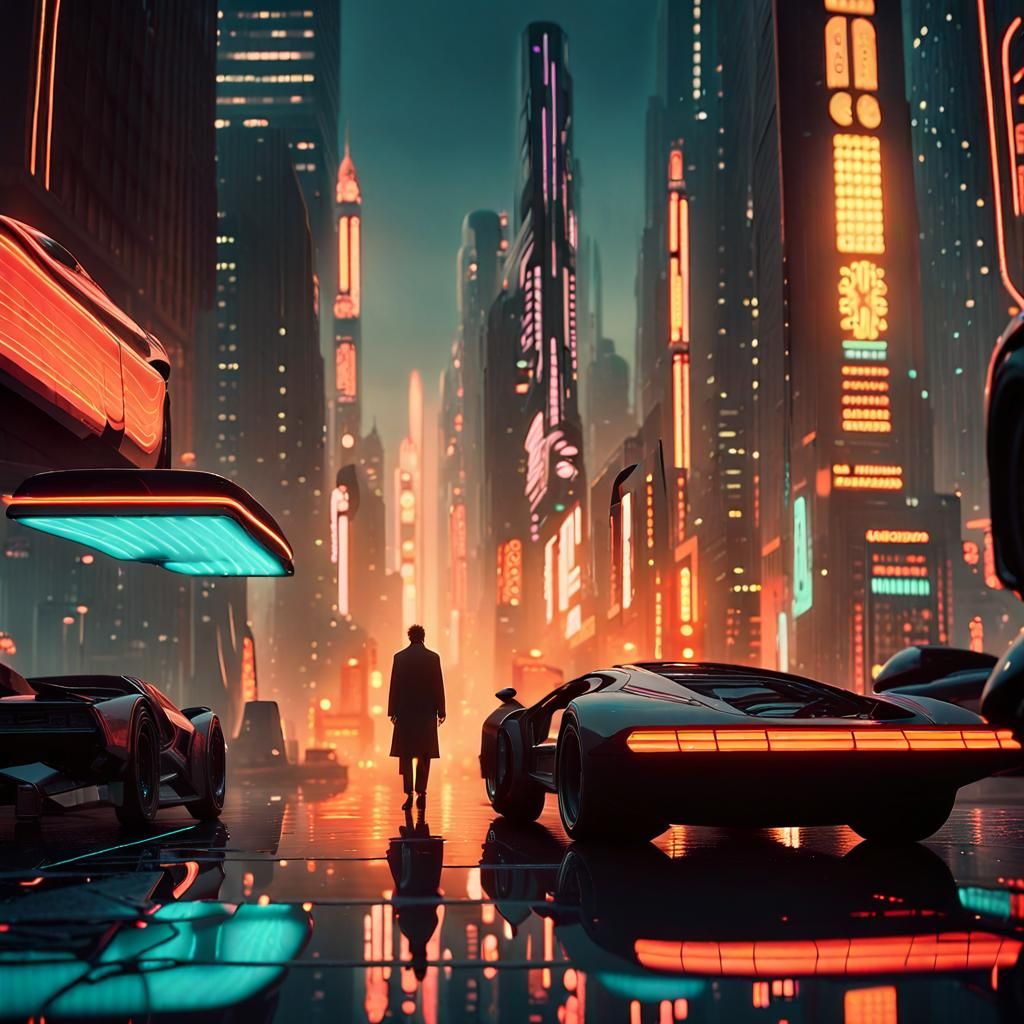 Neon Metropolis at Dusk in Retro-Futuristic Style