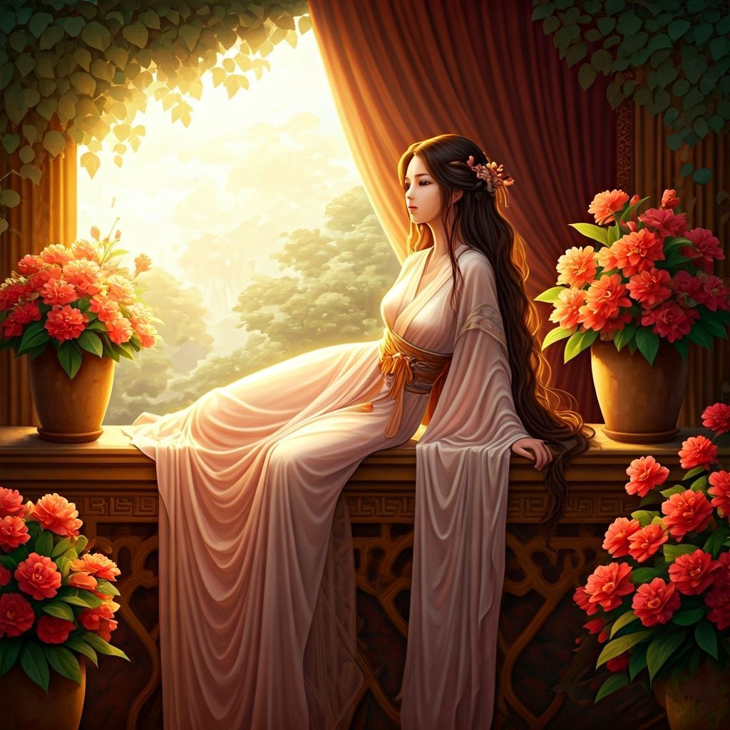 Elegant Asian Fairy on Balcony, Watercolor Art