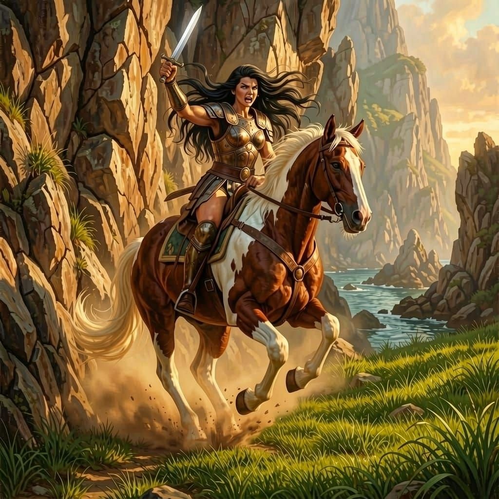 Warrior Queen on Horse Ascends Bermuda Cliff