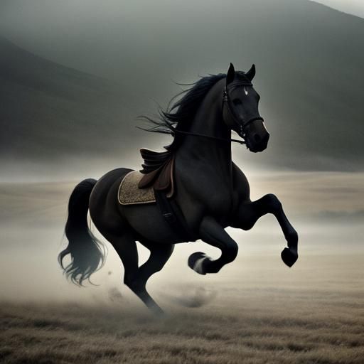 Horse Running in Misty Landscape: Cinematic Film Still