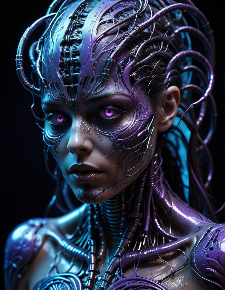 Surreal Biomechanical Portrait of a Woman Infected by a Tech...