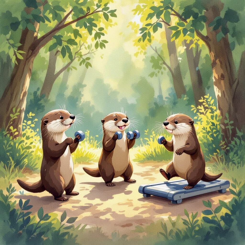 Playful Otters Working Out in Sun-Dappled Forest Clearing