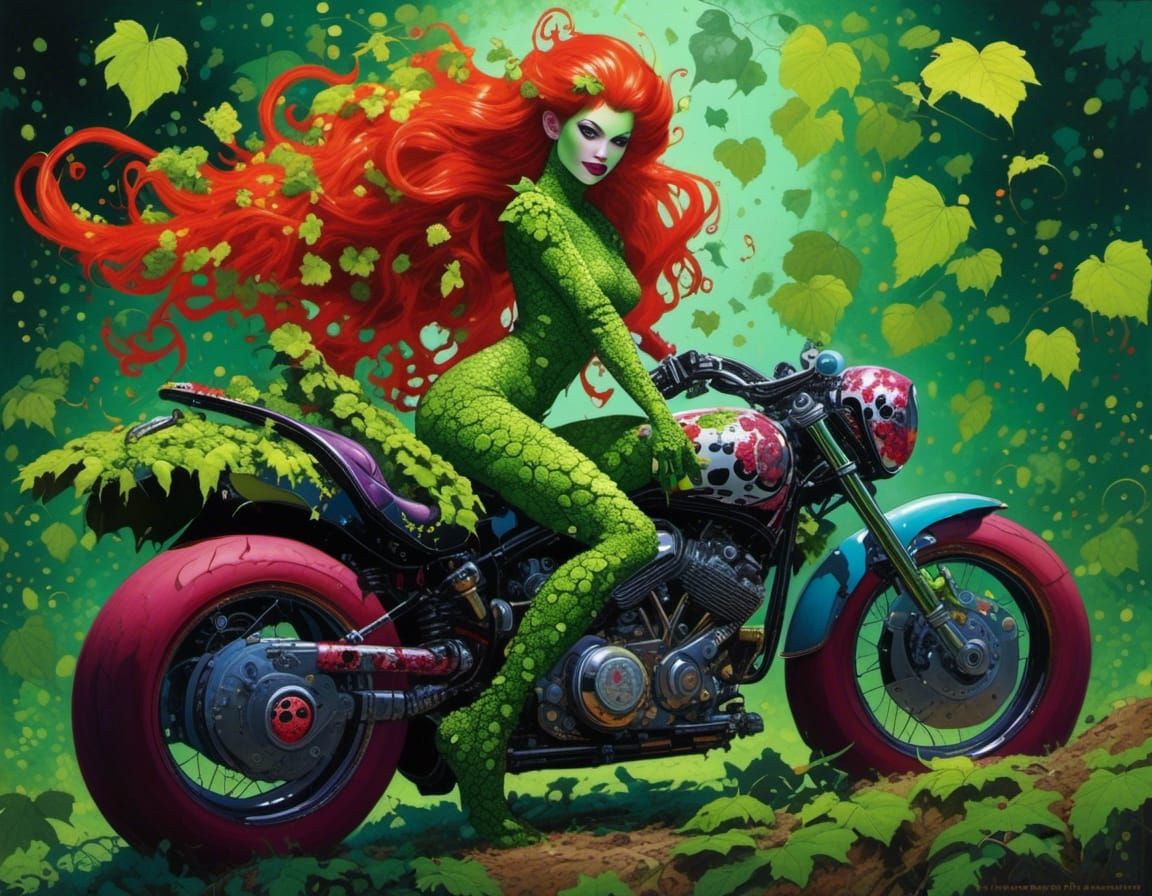Poison Ivy on Motorcycle in Comic Book Style