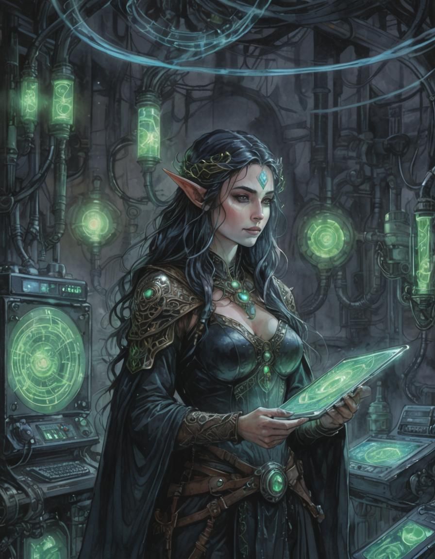 Elven Druid Summons Techspirit in Arcanopunk Style