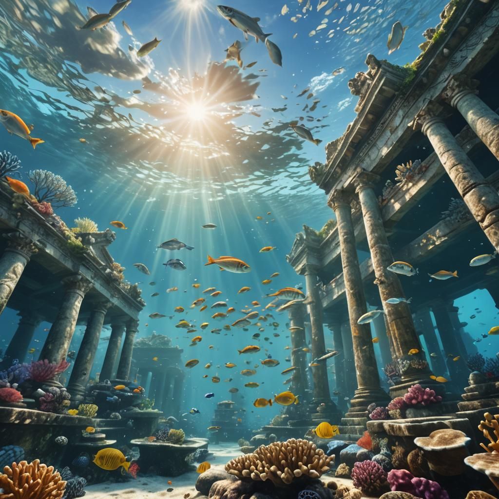 Underwater Scene with Sunken Temple in 8k