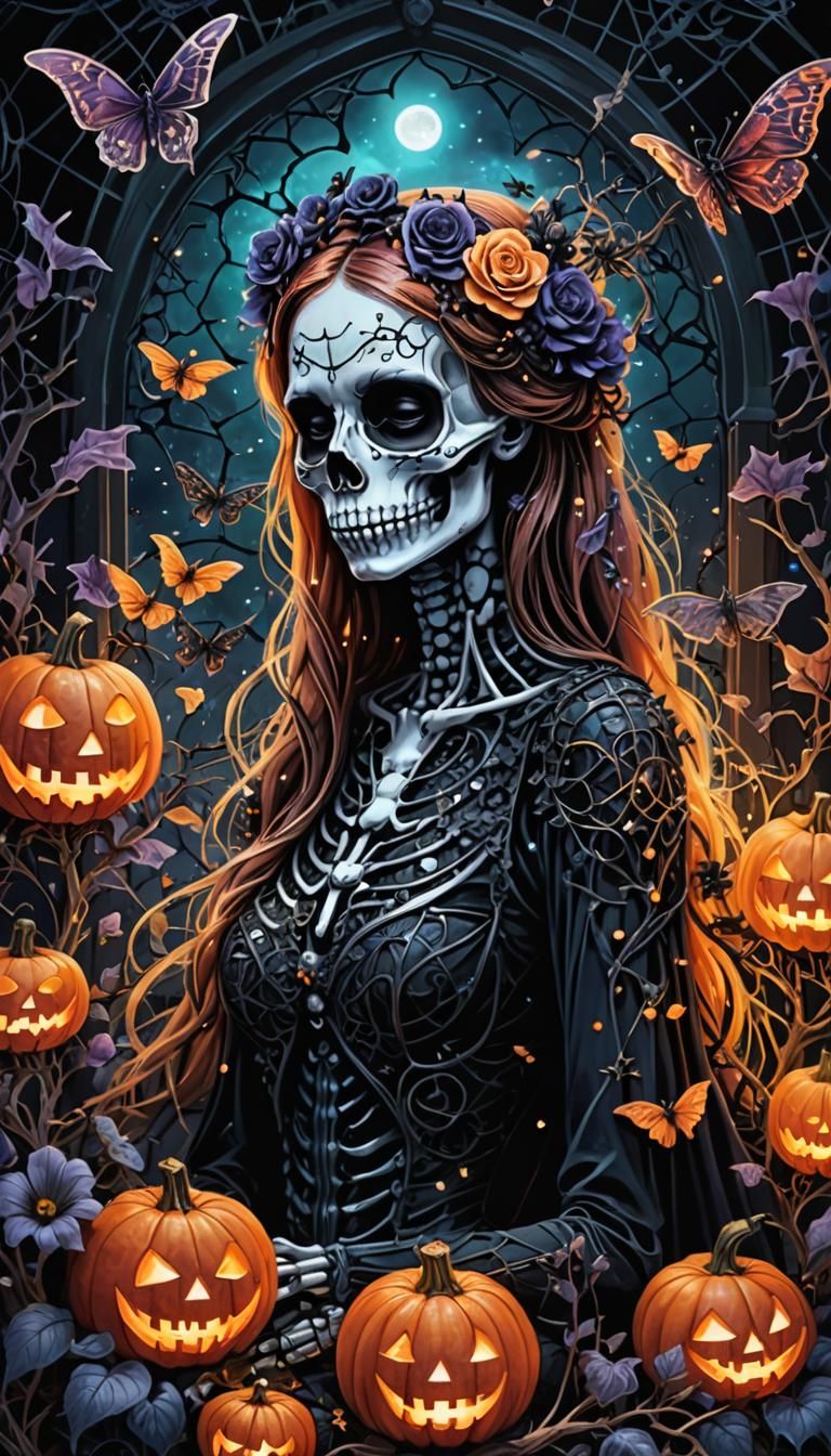 Girly Gothic Skeleton Surrounded by Flowers in Mixed Media