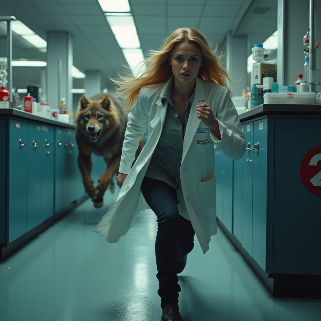 Woman in Lab Coat Pursued by Werewolf, Hyperrealistic