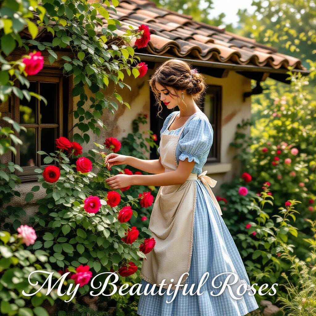 Woman Tending Roses in Dreamy Artistic Style