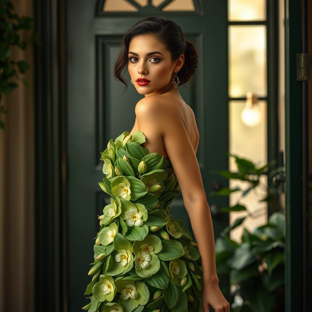 Woman in a Floral Dress with Jasmine Petals, Inspired by Art...
