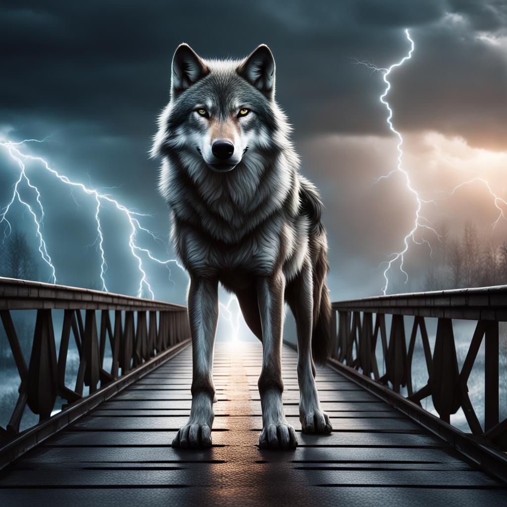 Wolf on Bridge with Lightning: Digital Matte Painting