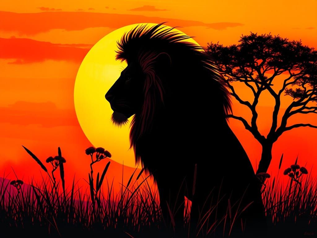 Majestic Lion in Sunset Savannah Landscape