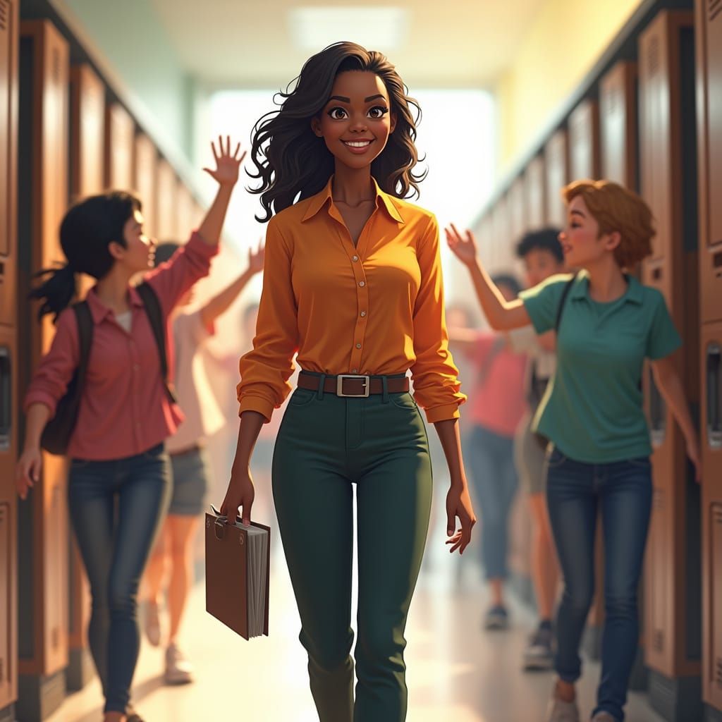 African-American Teacher in 3D Anime Style Celebrates Studen...