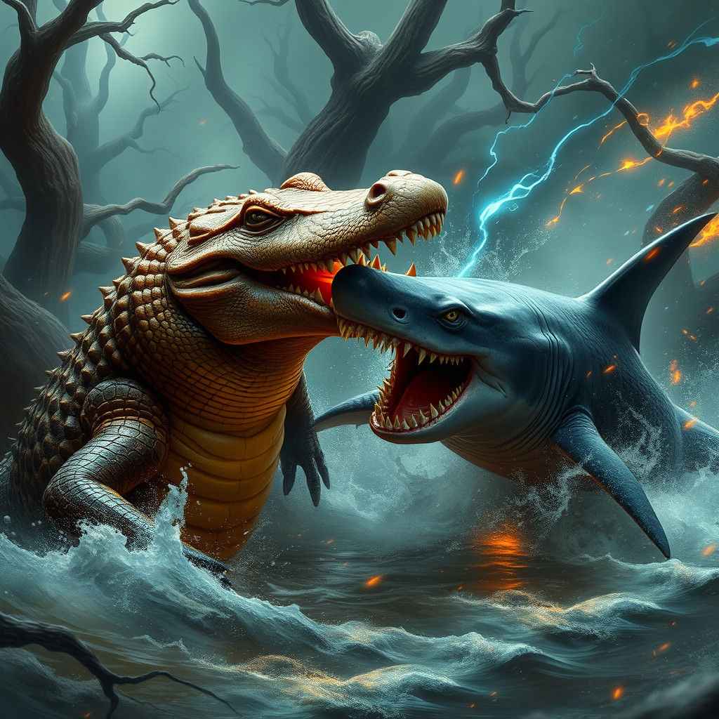 Alligator vs Bull Shark in Mystical Swamp Battle