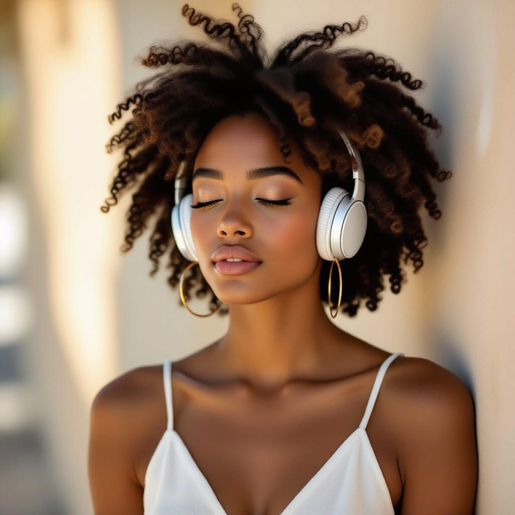 Young Woman Lost in Music, Eyes Closed