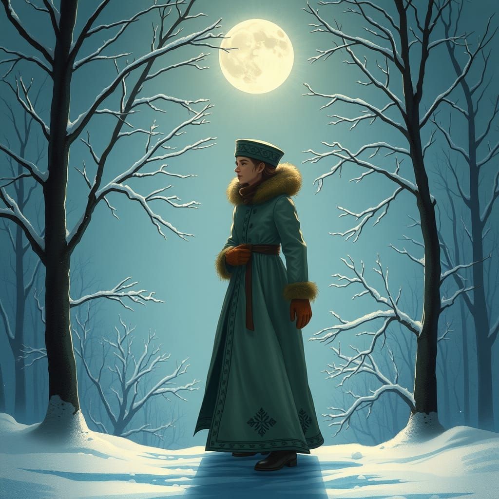 Moonlit Winter Figure in Dreamy Landscape