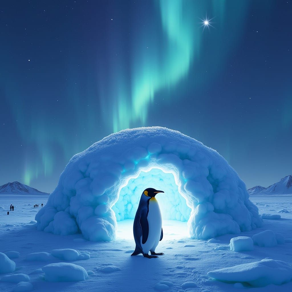 Penguin in Serene, Crystal Igloo Amidst Ethereal Northern Li...