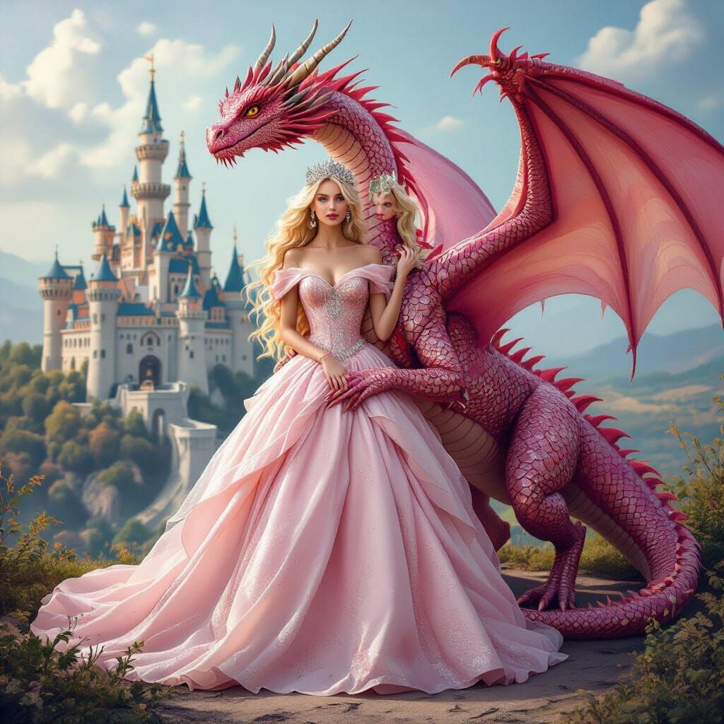 Princess and Pink Dragon in Fantasy Castle Sunset