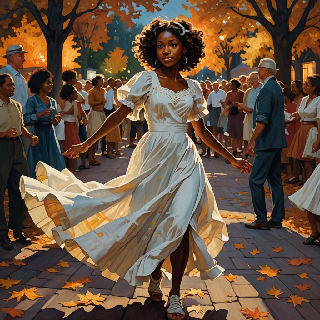 Young Girl Dancing at Fall Festival in Rockwell Style