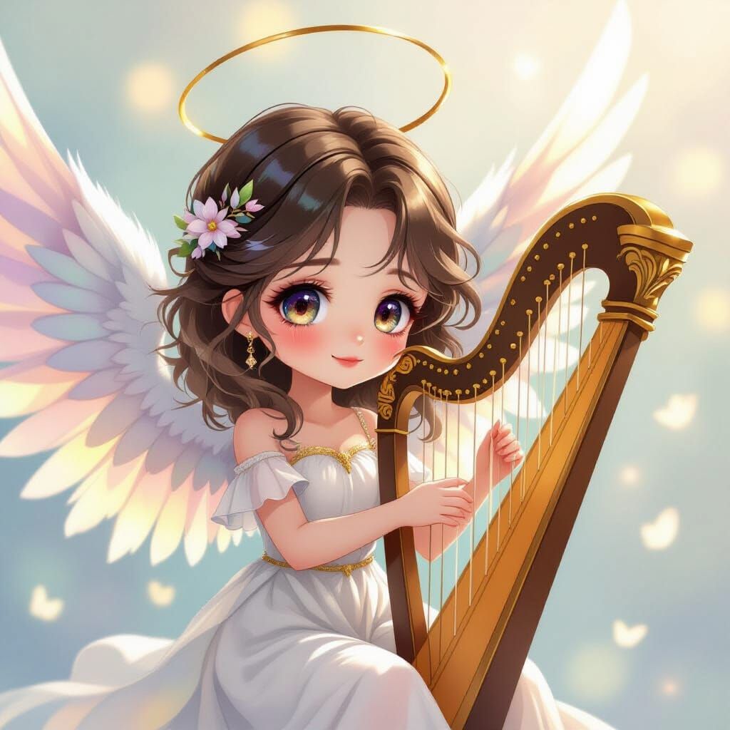 Chibi Angel Playing Harp: Watercolor Masterpiece