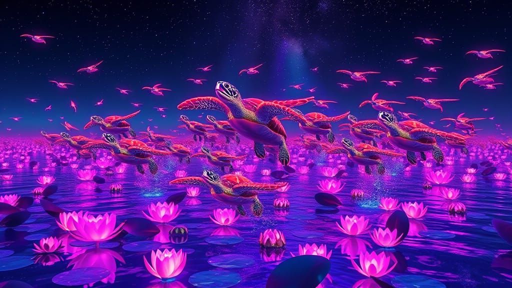 Vibrant Sea Turtles Take Flight in Cosmic Oceanic Landscape