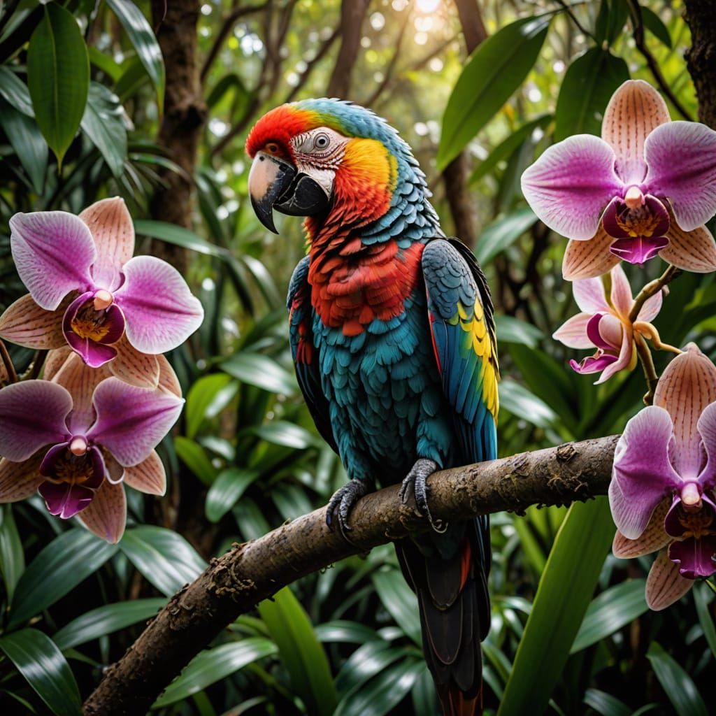 Tropical Parrot Perched on Tree Branch in Vibrant Orchid Blo...