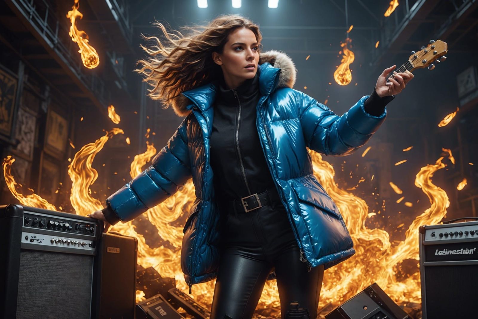 The static or electric energy of the fabric of a woman's shiny puffy nylon down jacket gets the guitar amp to explode an...